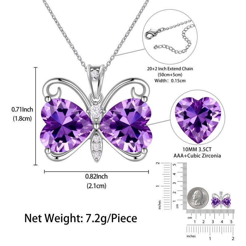 Juwaliy Purple Butterfly Necklace Heart February Birthstone Necklace Amethyst Silver Plated Pendant Jewelry Women Wife Birthday Valentine's Day Gifts - Image 2