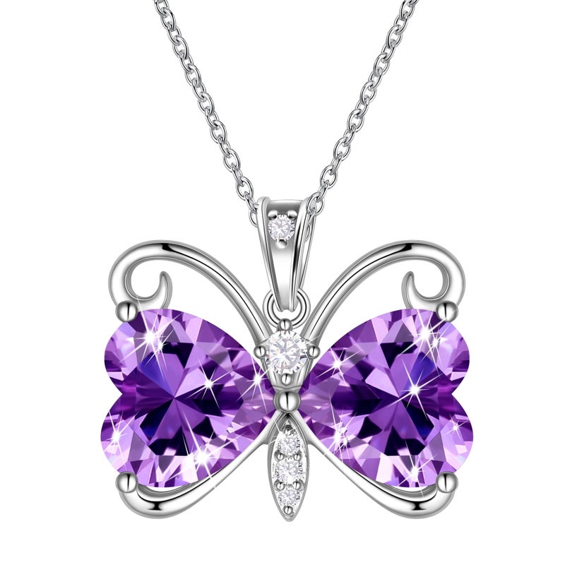 Juwaliy Purple Butterfly Necklace Heart February Birthstone Necklace Amethyst Silver Plated Pendant Jewelry Women Wife Birthday Valentine's Day Gifts - Image 1