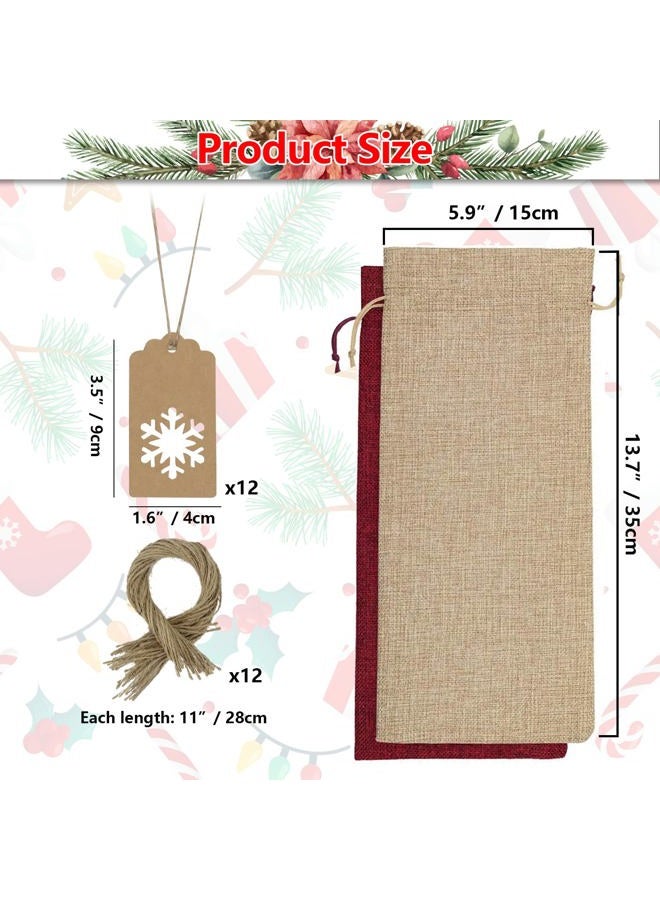 PIXHOTUL Burlap Wine Gift Bags, 12 Pcs Jute Drawstring Wine Bottle Covers with Tags and Ropes for Christmas, Wedding, Travel, Birthday, Holiday Party (Wine Red) - Image 2