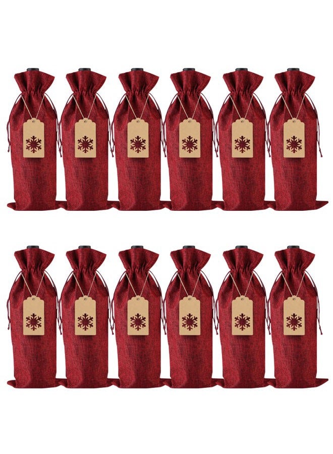 PIXHOTUL Burlap Wine Gift Bags, 12 Pcs Jute Drawstring Wine Bottle Covers with Tags and Ropes for Christmas, Wedding, Travel, Birthday, Holiday Party (Wine Red) - Image 1