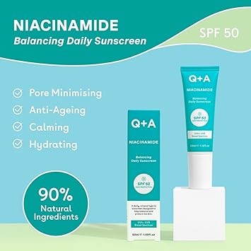 Q+A QA Niacinamide Daily Sunscreen SPF 50 UltraLight NonGreasy BroadSpectrum UVAUVB Protection Oil Control Pore Refining Hydrating 90 Natural Ingredients Vegan CrueltyFree 50ml - Image 2
