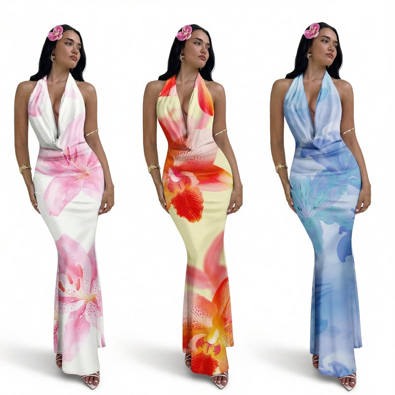 Sexy Print Halter Deep V Neck Bodycon Backless Dress - Image 1