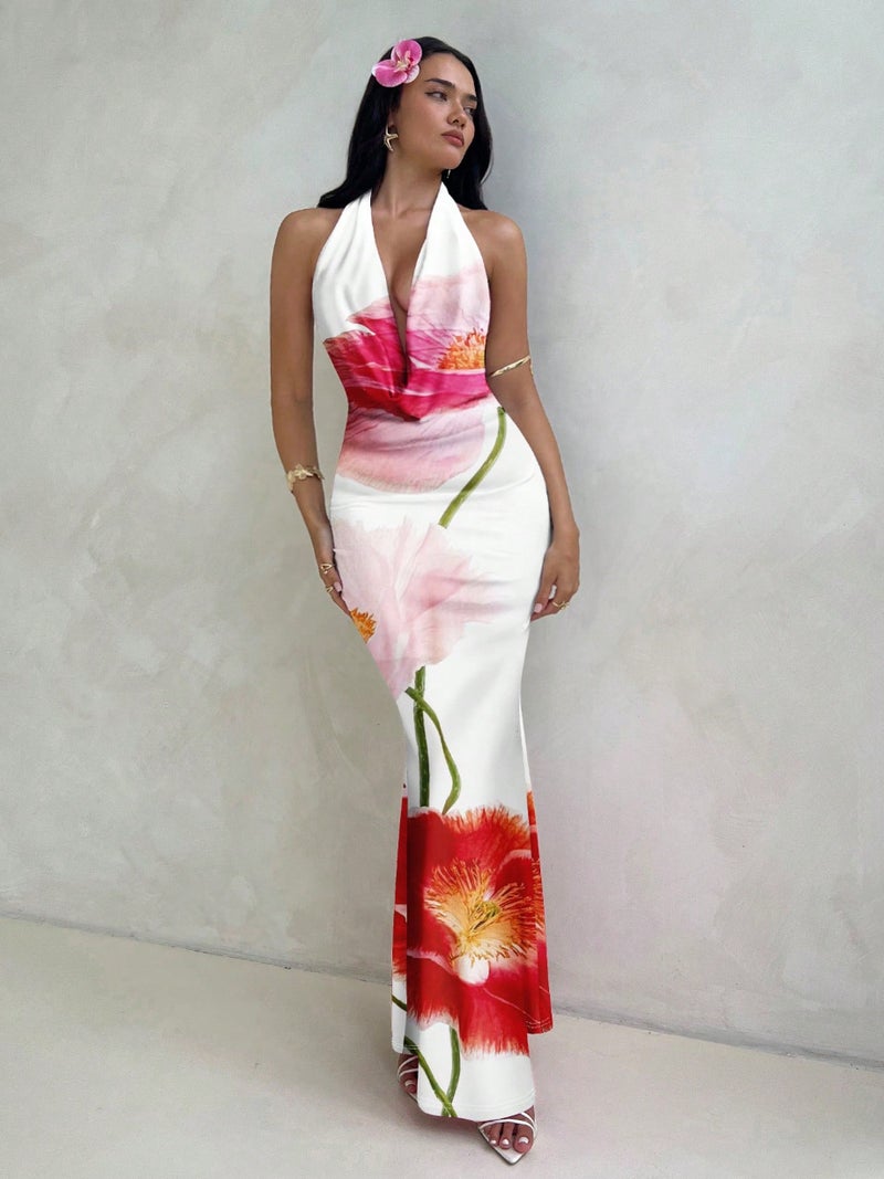 Sexy Print Halter Deep V Neck Bodycon Backless Dress - Image 5