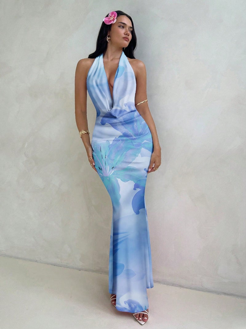 Sexy Print Halter Deep V Neck Bodycon Backless Dress - Image 4