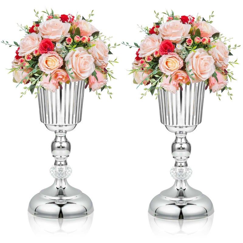 kolnlala 2PCS Silver Metal Flower Trumpet Stripe Vases Crystal Table Centerpieces Artificial Flower Arrangements for Anniversary CelebrationWeddingPartyBirthday Event Aisle Home Decor - Image 2