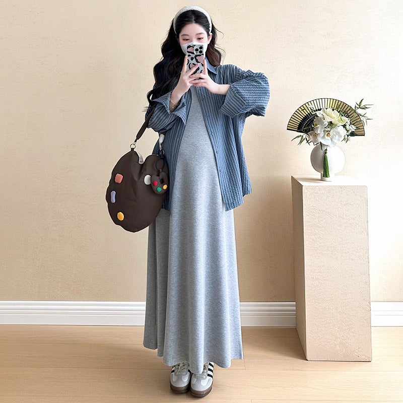 2024 Maternity Striped Sleeve Shirt Dress Set gray sundress - Image 5