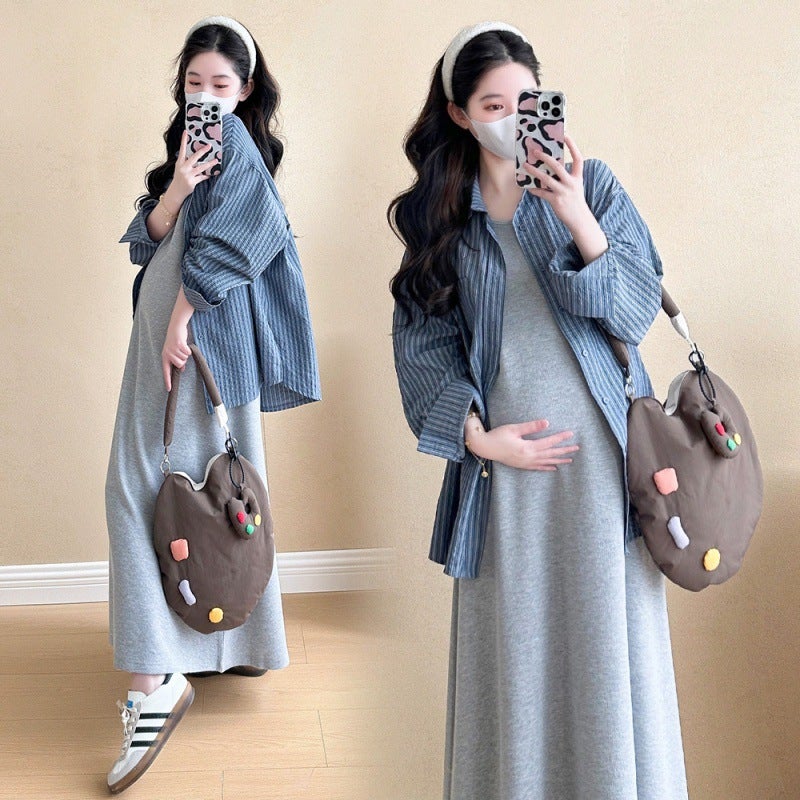 2024 Maternity Striped Sleeve Shirt Dress Set gray sundress - Image 3
