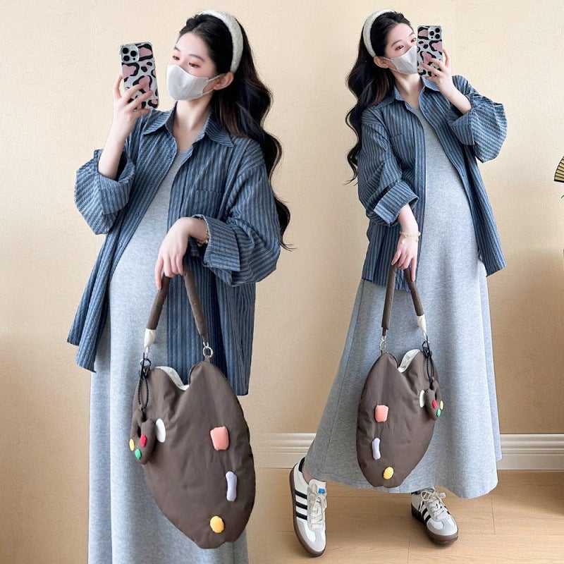 2024 Maternity Striped Sleeve Shirt Dress Set gray sundress - Image 2
