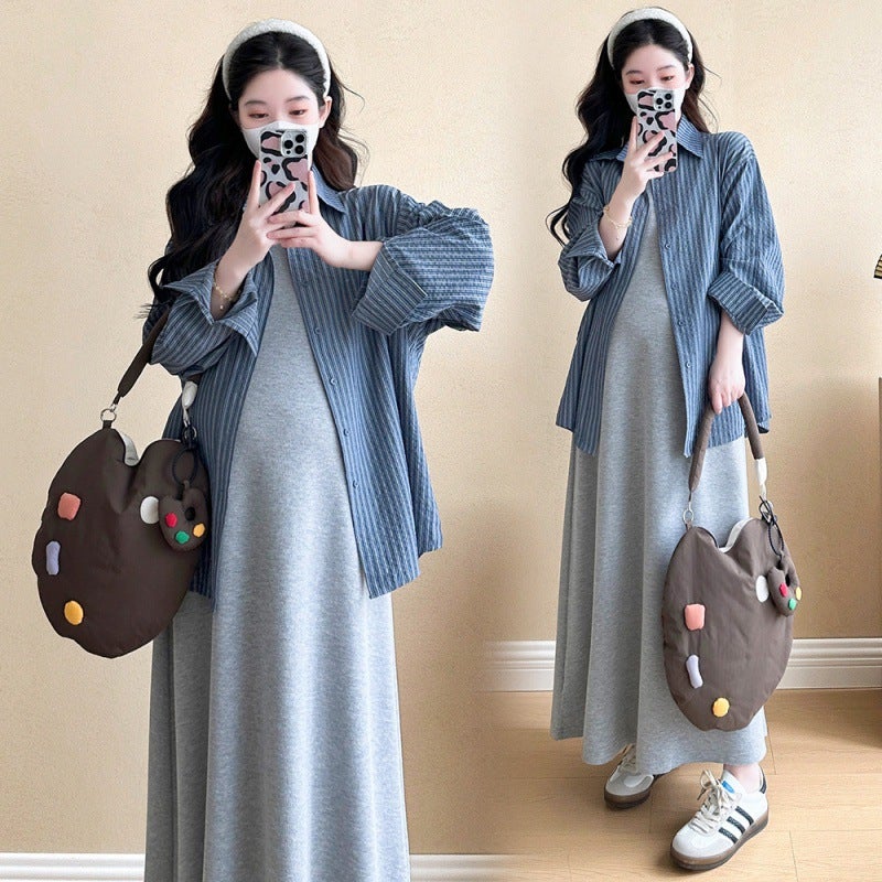 2024 Maternity Striped Sleeve Shirt Dress Set gray sundress - Image 4