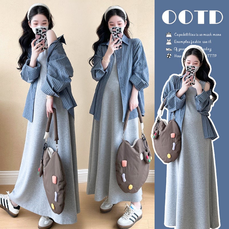 2024 Maternity Striped Sleeve Shirt Dress Set gray sundress - Image 1