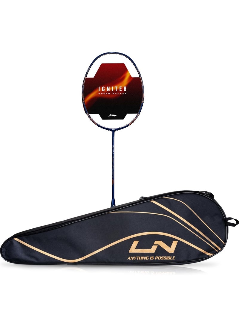 لي-نينج مضرب تنس الريشة Li-Ning Ignite 8 المصنوع من ألياف الكربون والجرافيت اليابانية مع غطاء كامل (أزرق داكن/نحاسي، 77 جرامًا) - Image 1