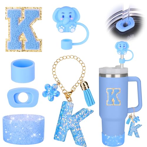 Mity rain Cup Accessories Set for stanley 30 oz 40 oz tumbler with handle, Including Initials Charms, Straw Cover Cap, Boot, Sticker, Silicone Spill Proof Stopper,Blue Decorate for Boy Girl (Letter K) - Image 1