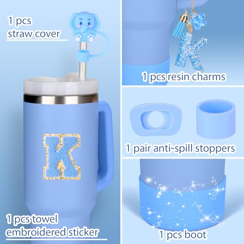 Mity rain Cup Accessories Set for stanley 30 oz 40 oz tumbler with handle, Including Initials Charms, Straw Cover Cap, Boot, Sticker, Silicone Spill Proof Stopper,Blue Decorate for Boy Girl (Letter K) - Image 3