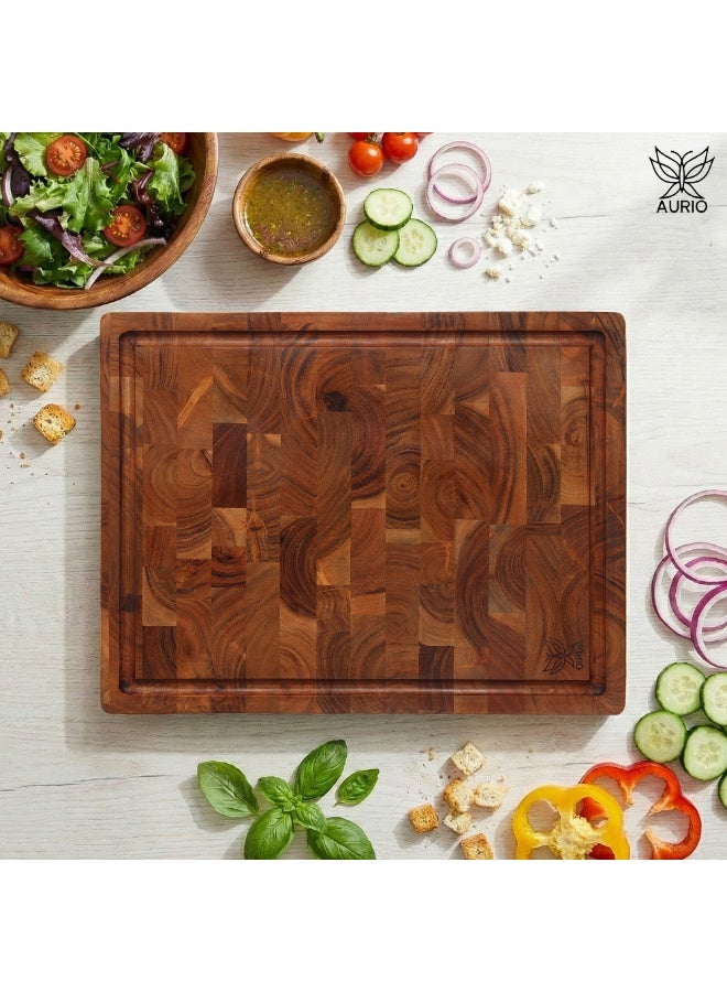 AURIO Premium End Grain Acacia Wood Cutting Board – Large Reversible Chopping Board with Juice Groove & Easy-Grip Side Handles – Heavy-Duty Wooden Butcher Block for Meat, Vegetables, and Cheese – Eco-Friendly & Knife-Friendly Kitchen Essential - Image 1