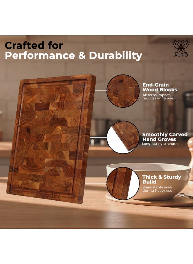 AURIO Premium End Grain Acacia Wood Cutting Board – Large Reversible Chopping Board with Juice Groove & Easy-Grip Side Handles – Heavy-Duty Wooden Butcher Block for Meat, Vegetables, and Cheese – Eco-Friendly & Knife-Friendly Kitchen Essential - Image 3