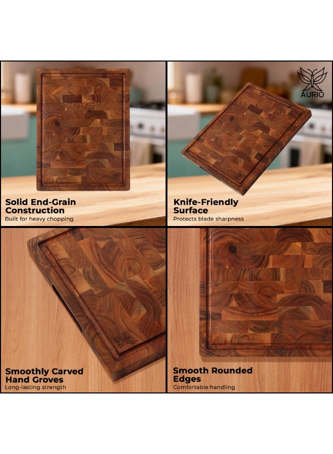 AURIO Premium End Grain Acacia Wood Cutting Board – Large Reversible Chopping Board with Juice Groove & Easy-Grip Side Handles – Heavy-Duty Wooden Butcher Block for Meat, Vegetables, and Cheese – Eco-Friendly & Knife-Friendly Kitchen Essential - Image 2