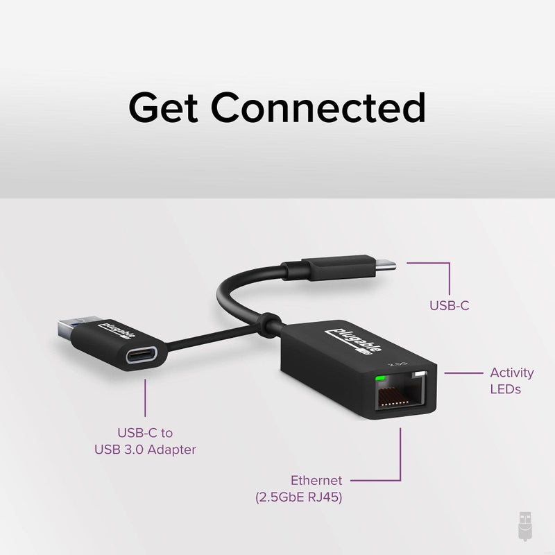 Plugable Plugable 2.5GB USB Ethernet Adapter for Laptop, 2-in-1 Cable, USB 2.5GB Ethernet Adapter, USB-C and USB Compaitble, USB-C to RJ45 2.5 Gigabit LAN Ethernet, Compatible with Mac and Windows  - Image 2