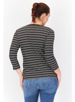 Zero Women Round Neck Long Sleeves Stripe Top, Black Combo  - Image 2