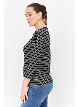 Zero Women Round Neck Long Sleeves Stripe Top, Black Combo  - Image 4
