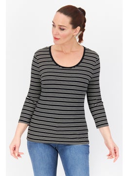 Zero Women Round Neck Long Sleeves Stripe Top, Black Combo  - Image 1
