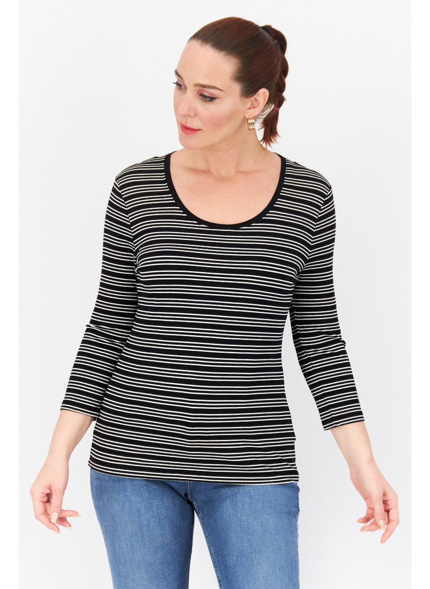Zero Women Round Neck Long Sleeves Stripe Top, Black Combo  - Image 1