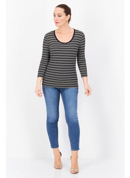 Zero Women Round Neck Long Sleeves Stripe Top, Black Combo  - Image 3