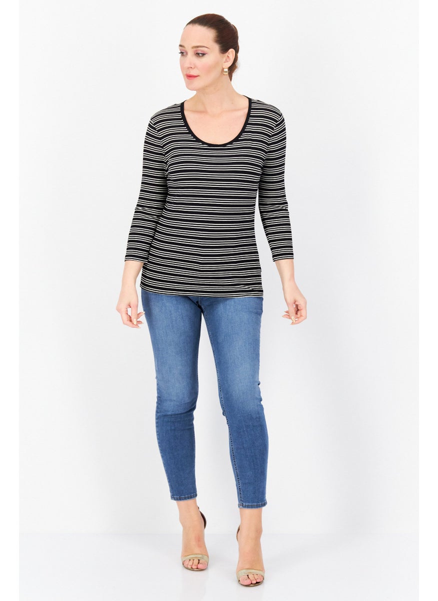 Zero Women Round Neck Long Sleeves Stripe Top, Black Combo  - Image 3