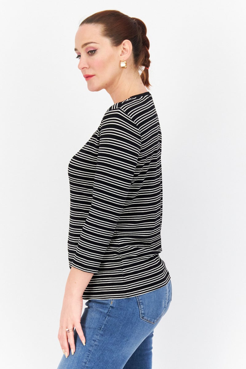 Zero Women Round Neck Long Sleeves Stripe Top, Black Combo - Image 2