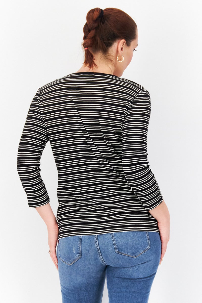 Zero Women Round Neck Long Sleeves Stripe Top, Black Combo - Image 2