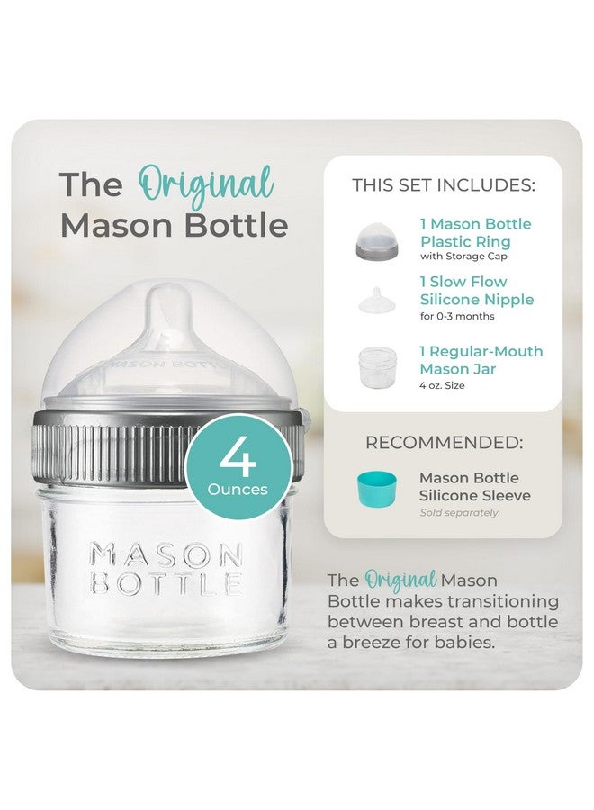 Mason Bottle 4oz Baby Glass Bottle with Breast Like Slow Flow Nipple, Cap+Ring - BPA Free, Non Toxic, Anti Colic Glass Baby Bottle, Glass Feeding Bottle for Babies - Image 2