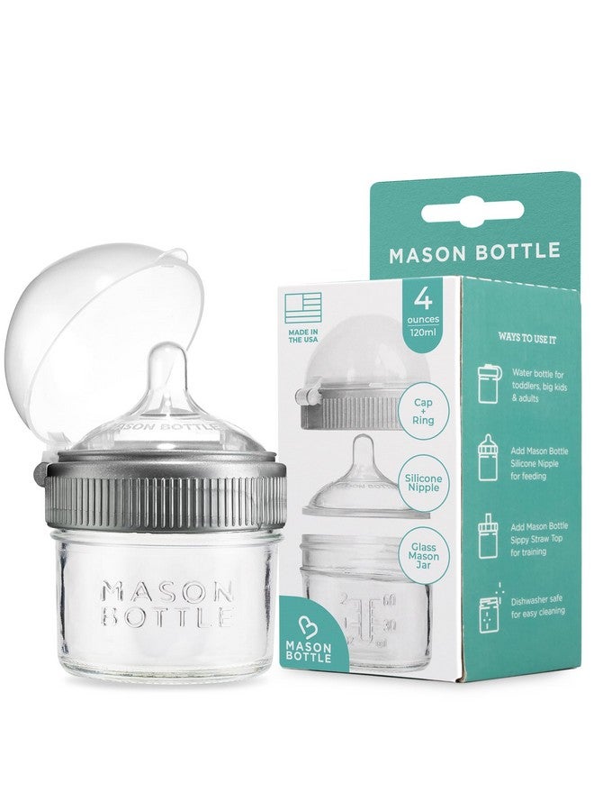 Mason Bottle 4oz Baby Glass Bottle with Breast Like Slow Flow Nipple, Cap+Ring - BPA Free, Non Toxic, Anti Colic Glass Baby Bottle, Glass Feeding Bottle for Babies - Image 1