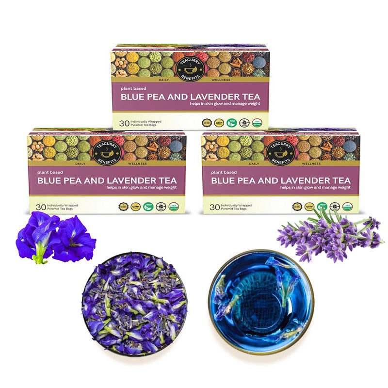Teacurry Butterfly Pea Lavender Tea (3 month Pack, 90 Tea Bags) - Enhances Sleep & Improves Skin Glow - Blue Purple Tea for Hair and Skin ((3 month Pack, 90 Tea Bags)) - Image 1