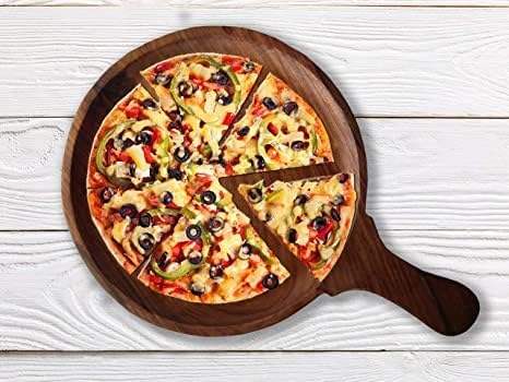 New Homes Wooden Pizza Pan Snack Serving Tray | Serving Platter with Handle | Handcrafted Walnut Finish | Kitchen Serving Board -Suitable for All Kitchen | Dining & Bakings Purpose Pizza Tray  - Image 4