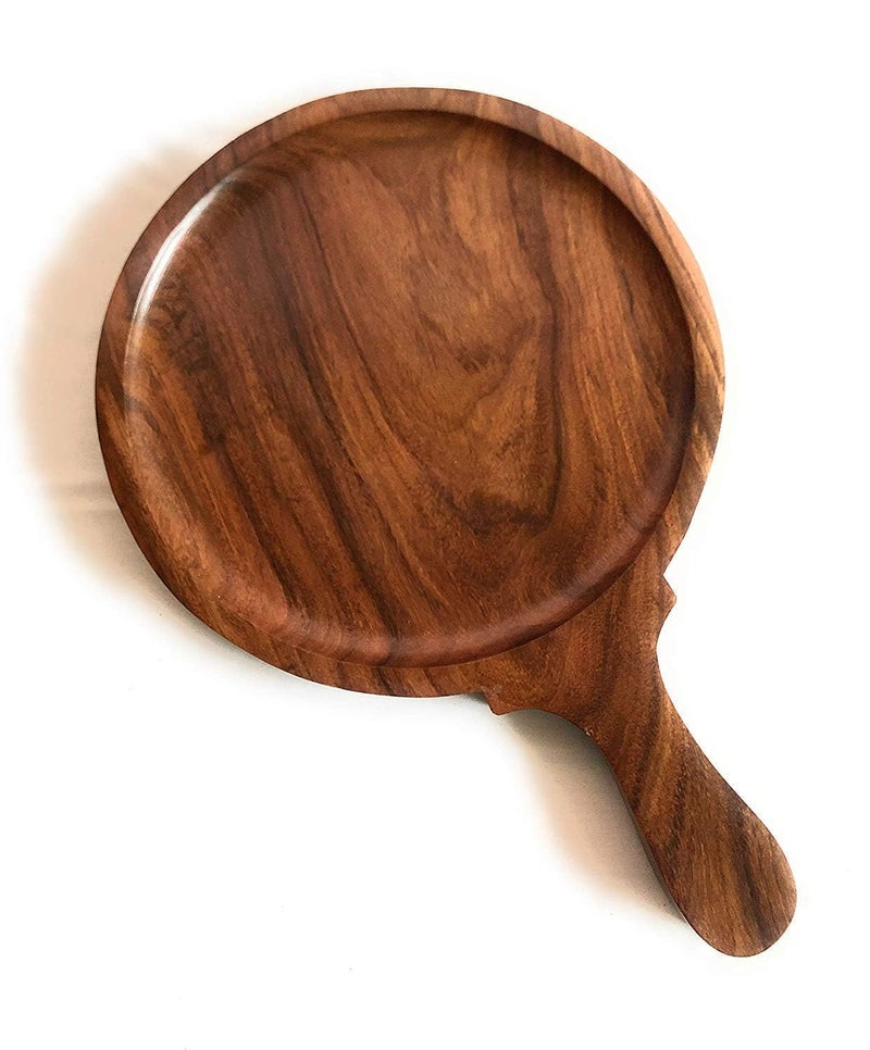 New Homes Wooden Pizza Pan Snack Serving Tray | Serving Platter with Handle | Handcrafted Walnut Finish | Kitchen Serving Board -Suitable for All Kitchen | Dining & Bakings Purpose Pizza Tray  - Image 1