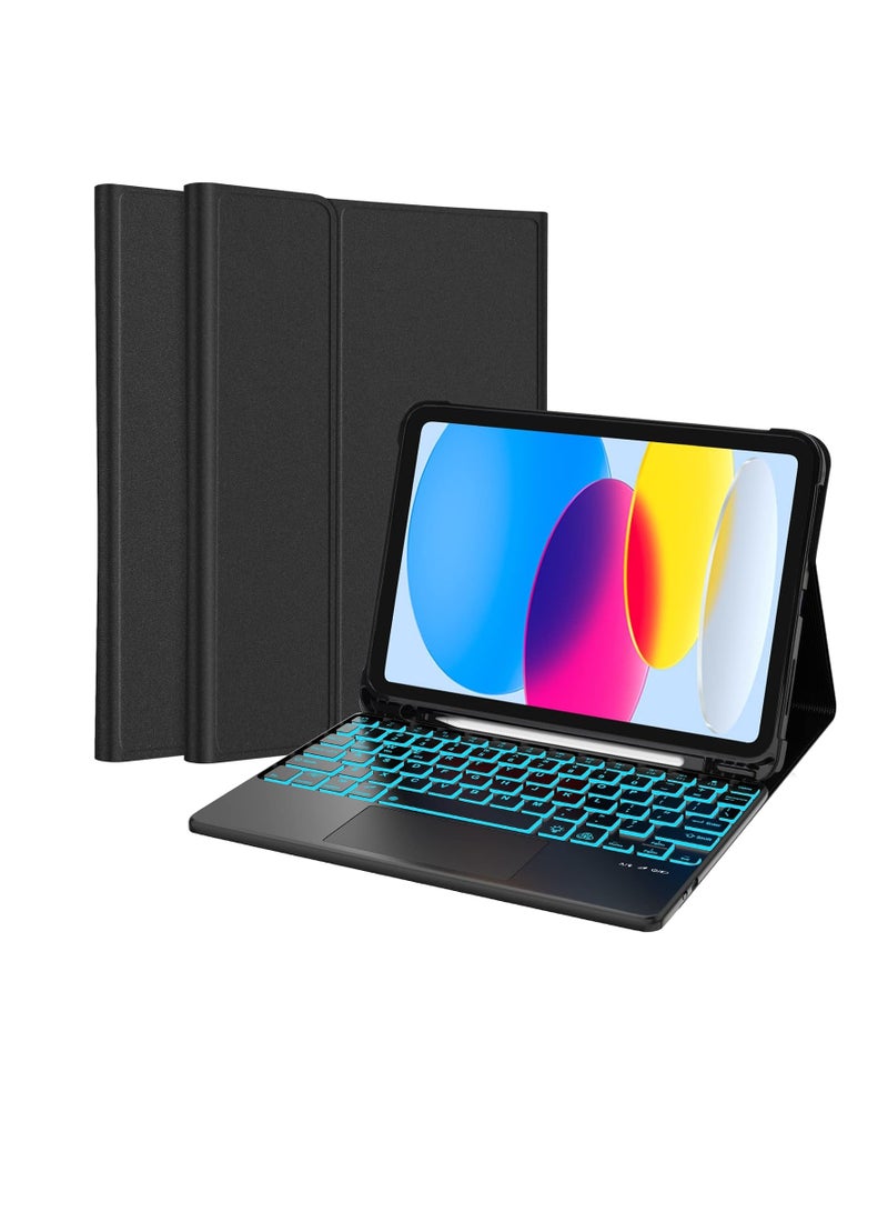 عام حافظة لوحة مفاتيح لجهاز iPad الجيل العاشر، إضاءة خلفية بسبعة ألوان، لوحة تتبع متعددة اللمس، لوحة مفاتيح لاسلكية، حامل أقلام مدمج، حافظة ذكية مقاس 10.9 بوصة، أسود - Image 1