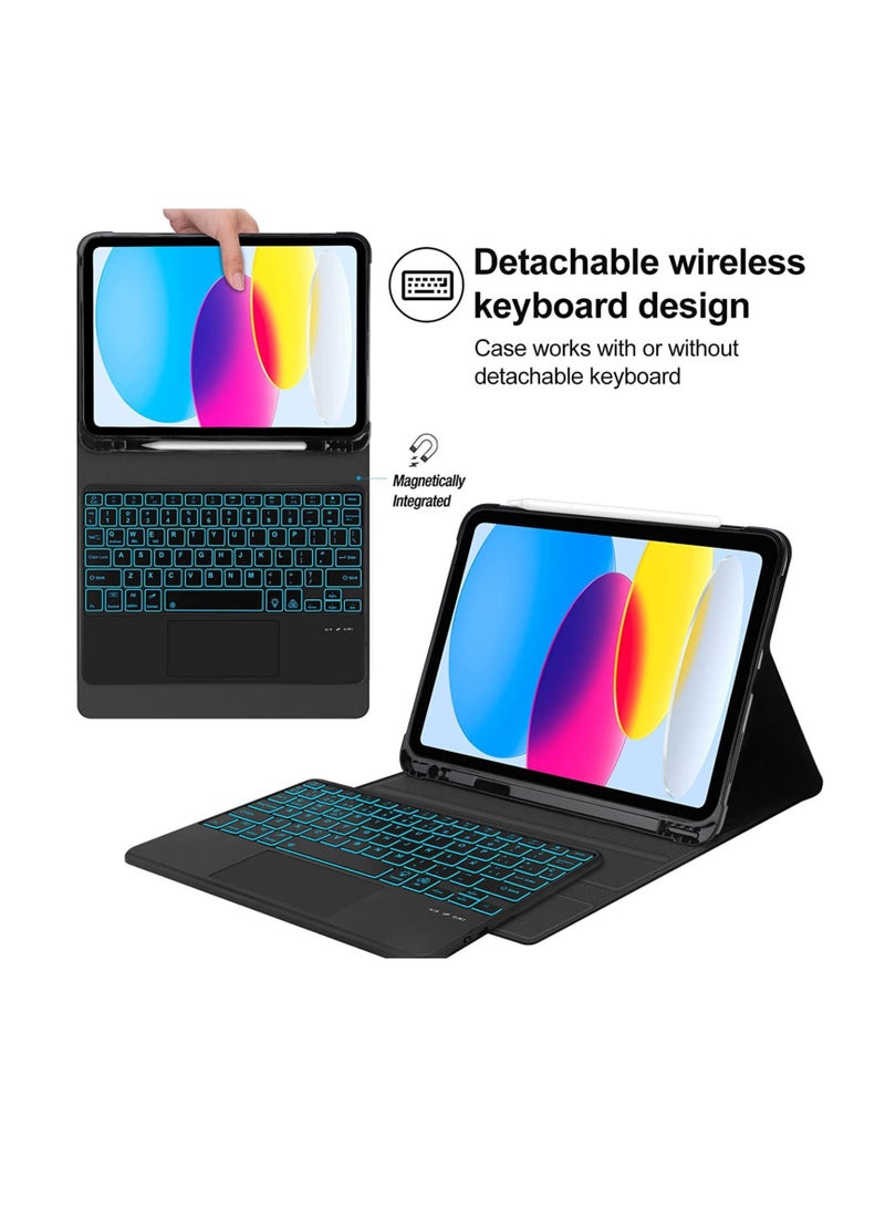 عام حافظة لوحة مفاتيح لجهاز iPad الجيل العاشر، إضاءة خلفية بسبعة ألوان، لوحة تتبع متعددة اللمس، لوحة مفاتيح لاسلكية، حامل أقلام مدمج، حافظة ذكية مقاس 10.9 بوصة، أسود - Image 4