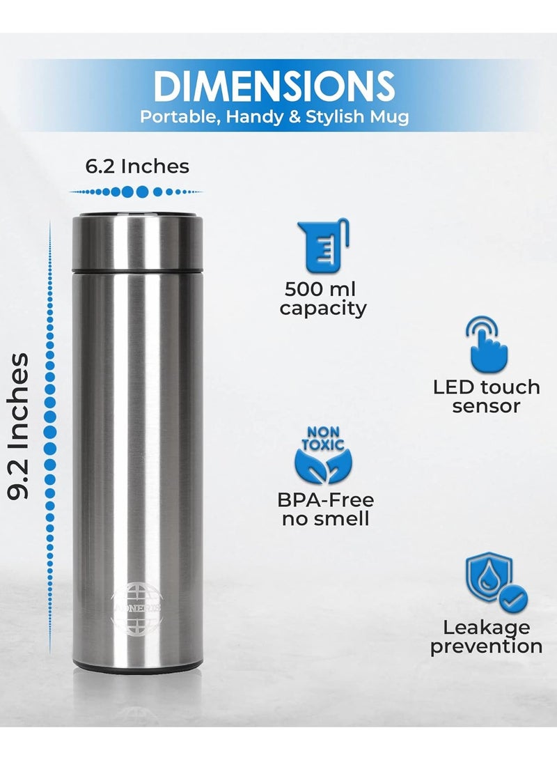 ذكي عرض درجة الحرارة فراغ معزول زجاجة ماء فضي 500 مل 9.2 × 6.2 بوصة - Image 2
