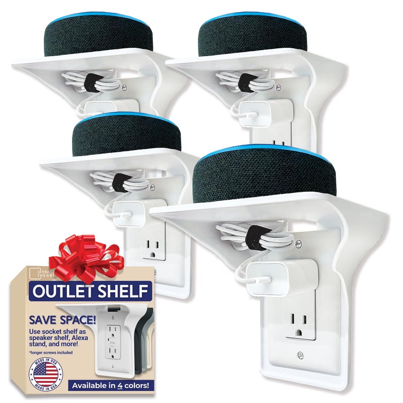 BeraTek Industries Storage Theory Power Perch Outlet Shelf with Cord Storage Strap  Echo Dot Holder Speaker Shelves  Small Shelf for Bathroom Dorm Decor for College  Easy Installation 4Pack White 