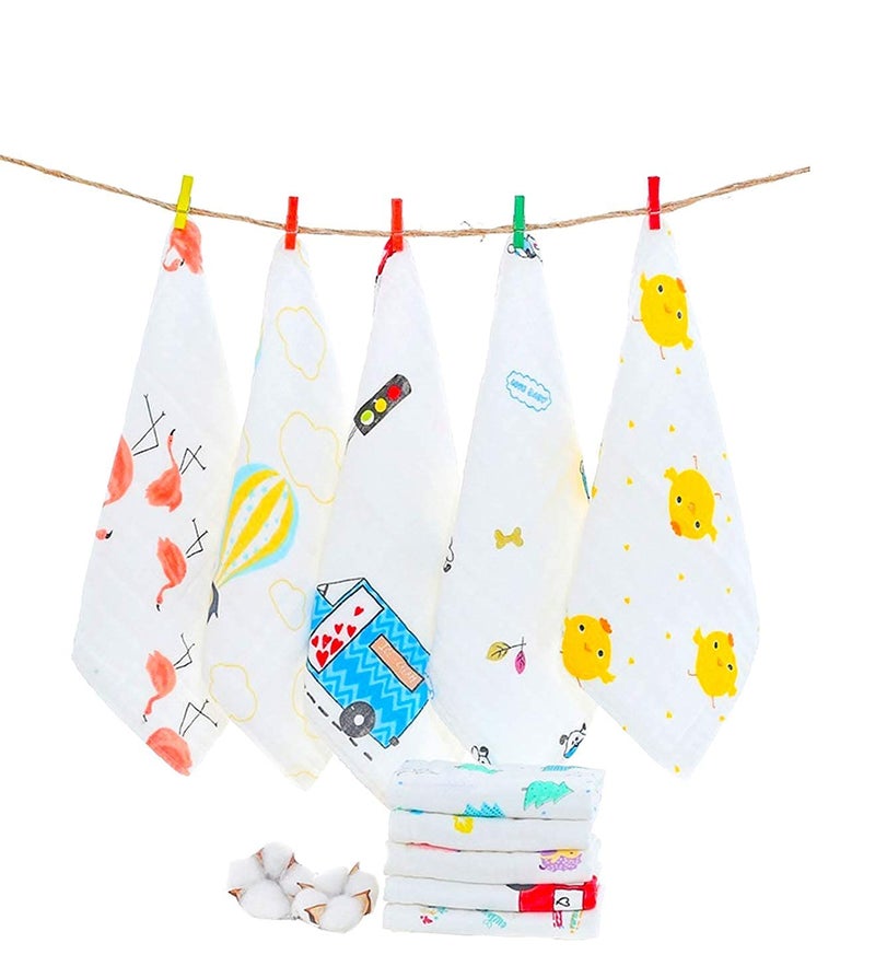 CLUZE Double Layered Extra Soft & Super Absorbent Cotton Handkerchief For Women's, Kids & Newborn Babies/Face Towel, Casual Style Printed Hanky (White) (25X25 Cm) (5) - Image 1