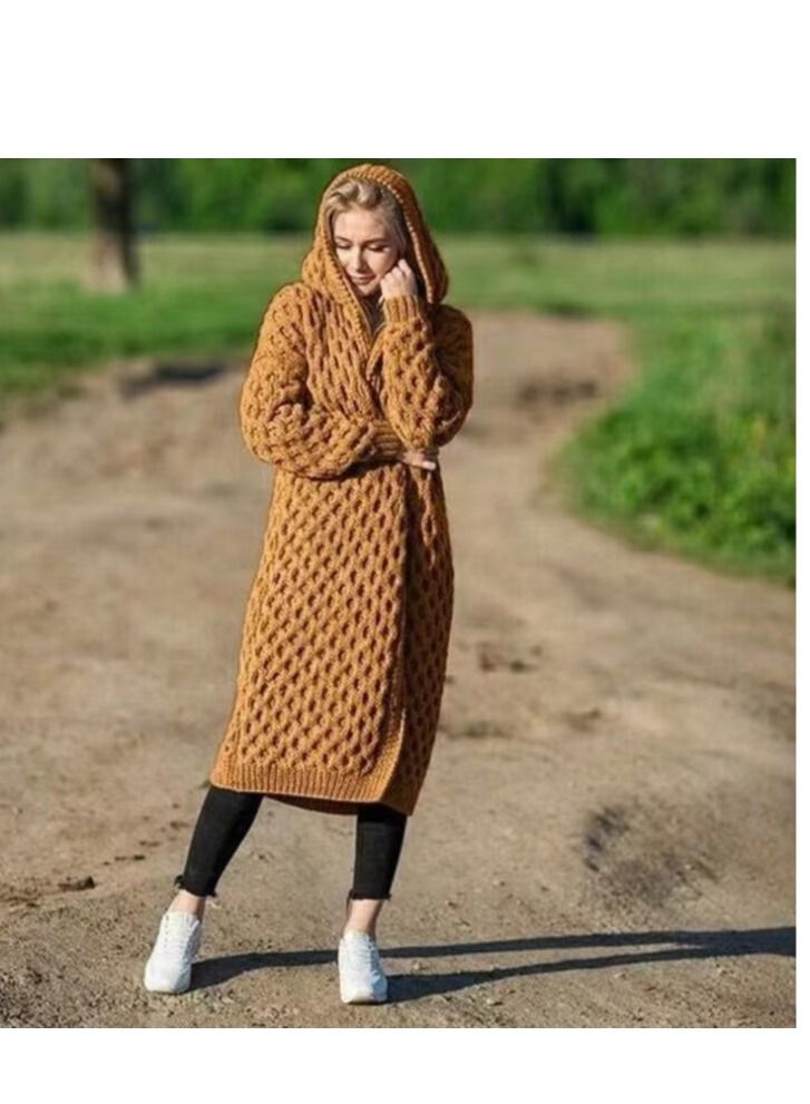 Loquat Autumn And Winter Warm New Solid Color Women's Long Knit Hooded Cardigan Coat