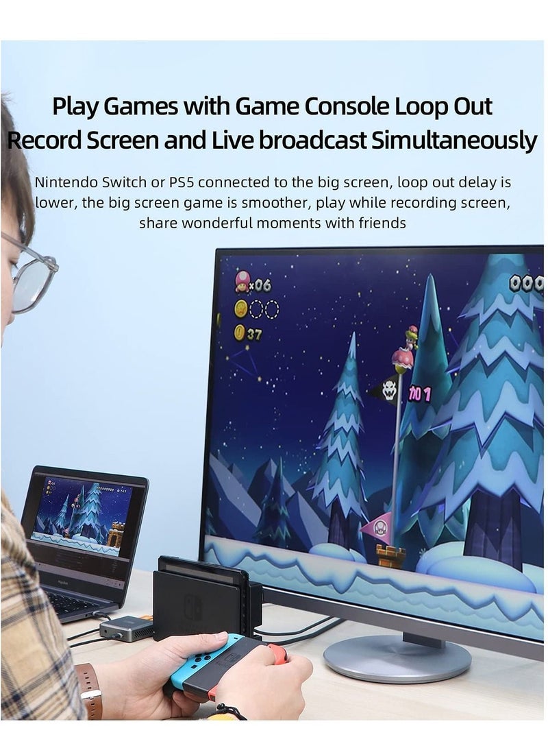 Video Capture Card with 4K Loop Out, 60Fps HDMI Capture to USB-C 1080P Record with Audio for Switch Xbox PS4/5 Live Streaming Broadcasting Recording via DSLR Camcorder Action Cam OBS - Image 3