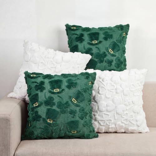 Tiamon 4 Pcs St Patricks Day Throw Pillow Covers 18 x 18 Inch 3D Embroidered Plush Green Shamrock Pillow Cases Lucky Clover Fluffy Faux Fur Cushion Covers for Spring Holiday Home Bed Sofa Couch - Image 1