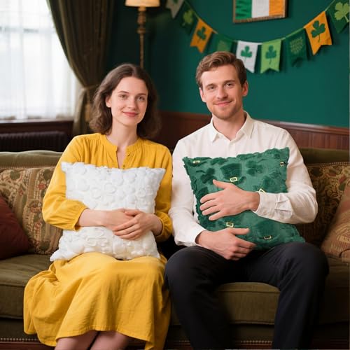Tiamon 4 Pcs St Patricks Day Throw Pillow Covers 18 x 18 Inch 3D Embroidered Plush Green Shamrock Pillow Cases Lucky Clover Fluffy Faux Fur Cushion Covers for Spring Holiday Home Bed Sofa Couch - Image 3