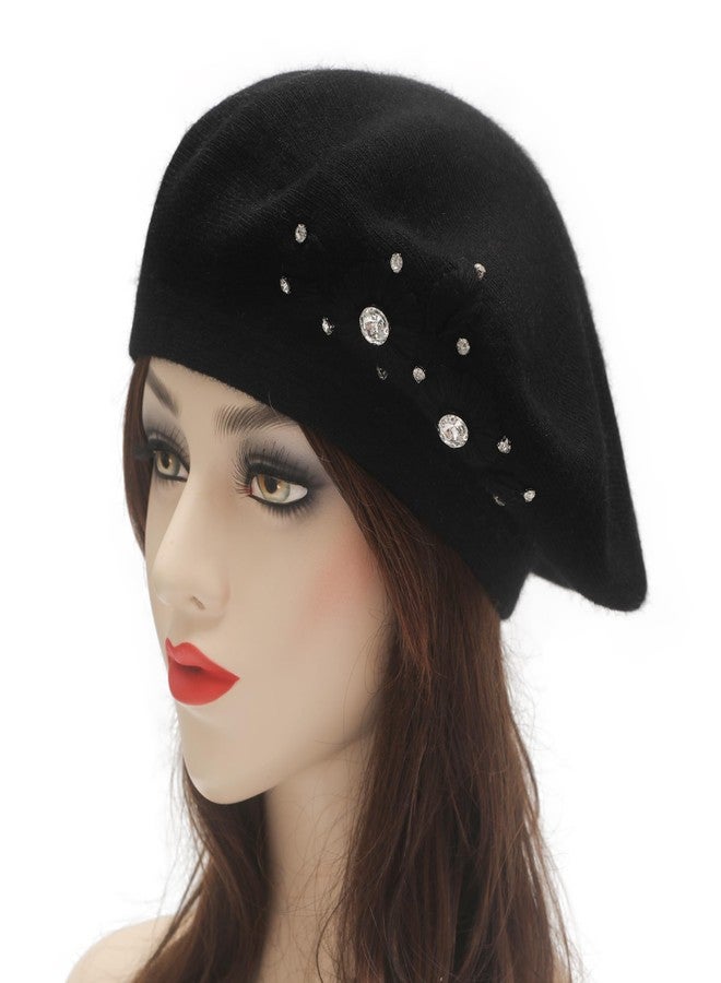 ZLYC Womens French Beret hat, Reversible Solid Color Cashmere Knit Warm Beret Cap for Girls (Embroidered Flowers Black), Embroidered Flowers Black, One size - Image 2