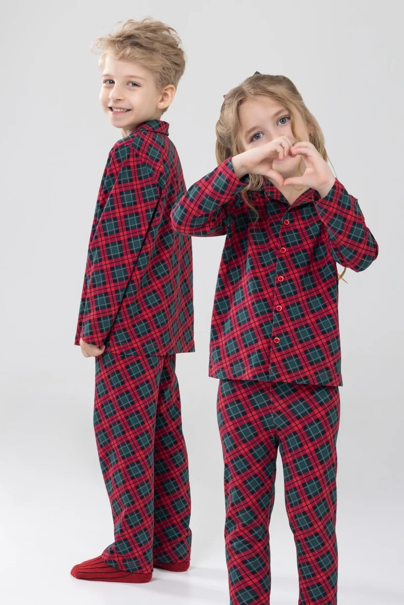 Baykar Double Breasted Front Buttoned Comfortable Pattern Unisex Children's Pajama Set 9500 Red