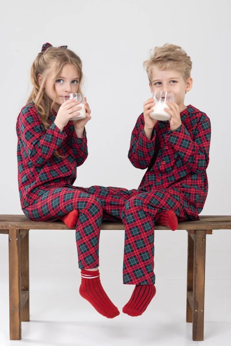 Baykar Double Breasted Front Buttoned Comfortable Pattern Unisex Children's Pajama Set 9500 Red