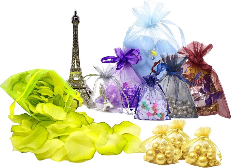 brown leaf 8X6 inches Pack Of 30 PC's Sheer Drawstring Organza Gift Bags Jewelry Pouches Potli Bags for Christmas Cosmetics Jewelry Wedding Party Baby Shower Return Gifting Favor Bags (Sky Blue) - Image 2