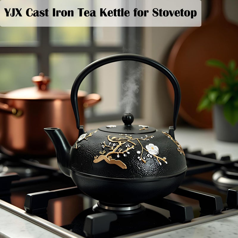 YJX 60.9oz Large Cast Iron Teapot for Stovetop, Japanese Tetsubin, Heavy and Durable Tea Pot, Tea Kettle with Stainless Steel Infuser for Loose Tea, Floral Pattern(1800ML) - Image 2