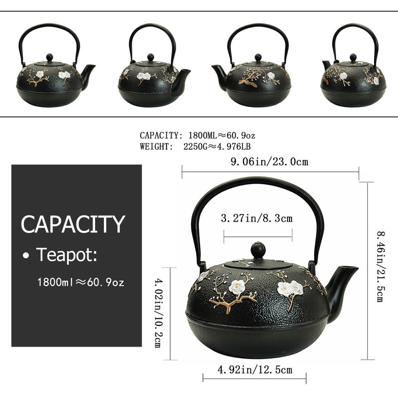 YJX 60.9oz Large Cast Iron Teapot for Stovetop, Japanese Tetsubin, Heavy and Durable Tea Pot, Tea Kettle with Stainless Steel Infuser for Loose Tea, Floral Pattern(1800ML) - Image 5