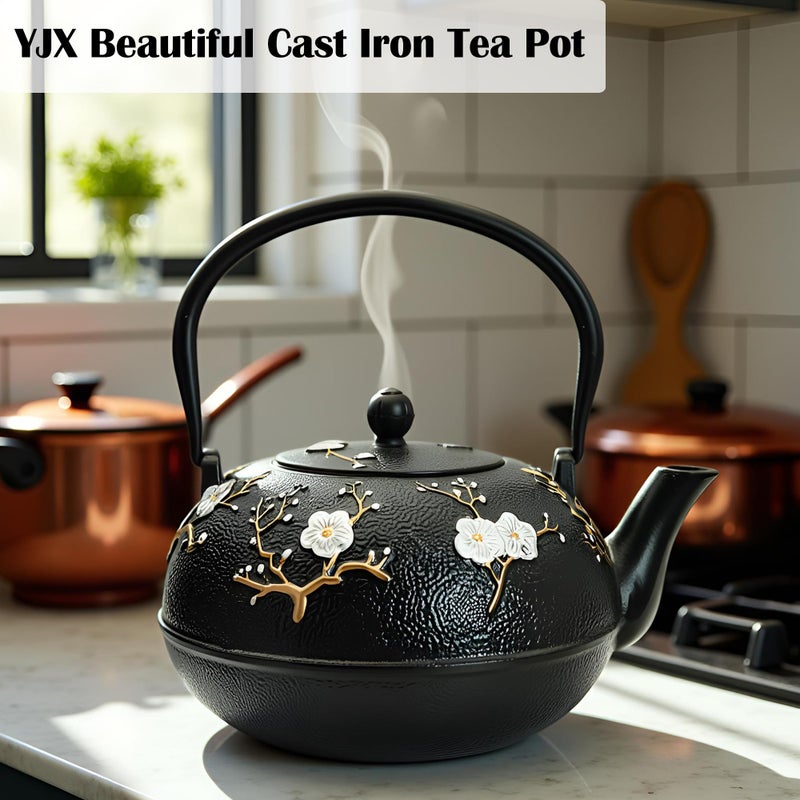 YJX 60.9oz Large Cast Iron Teapot for Stovetop, Japanese Tetsubin, Heavy and Durable Tea Pot, Tea Kettle with Stainless Steel Infuser for Loose Tea, Floral Pattern(1800ML) - Image 3